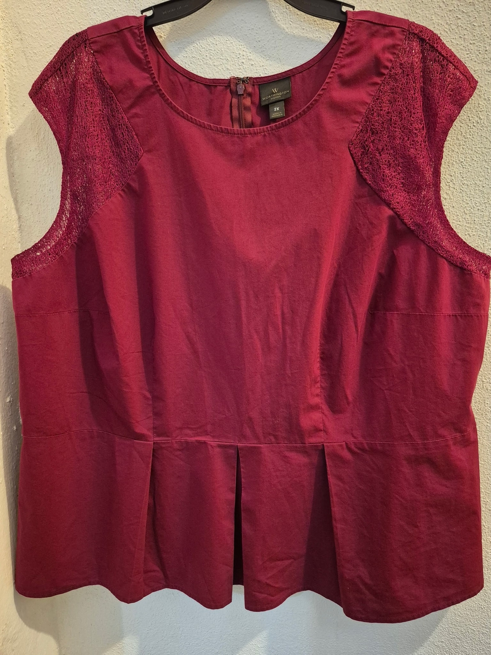 Worthington Lace-Shoulder Peplum Top in Burgundy Size 2X
